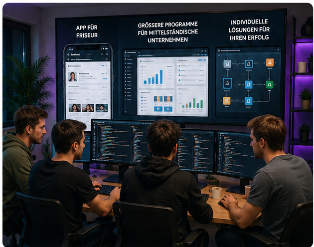 Visualisierung eines Entwicklerteams bei der Programmierung von Apps und Unternehmenssoftware